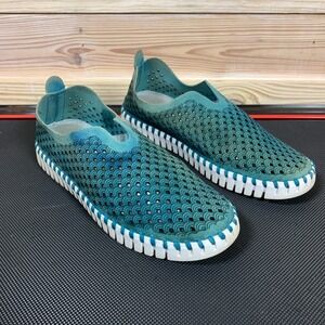 Ilse Jacobsen Tulip Slip On Women 38 Teal Blue Laser Cut Scalloped Flat Sneaker